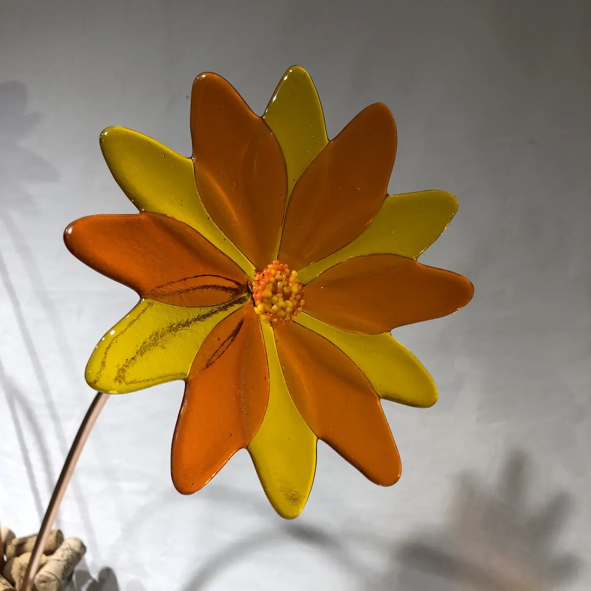 Orange and yellow flower on copper stem. Flower head approx 14cm diameter. Incl stem approx 70cm. Suitable for garden. £50.00