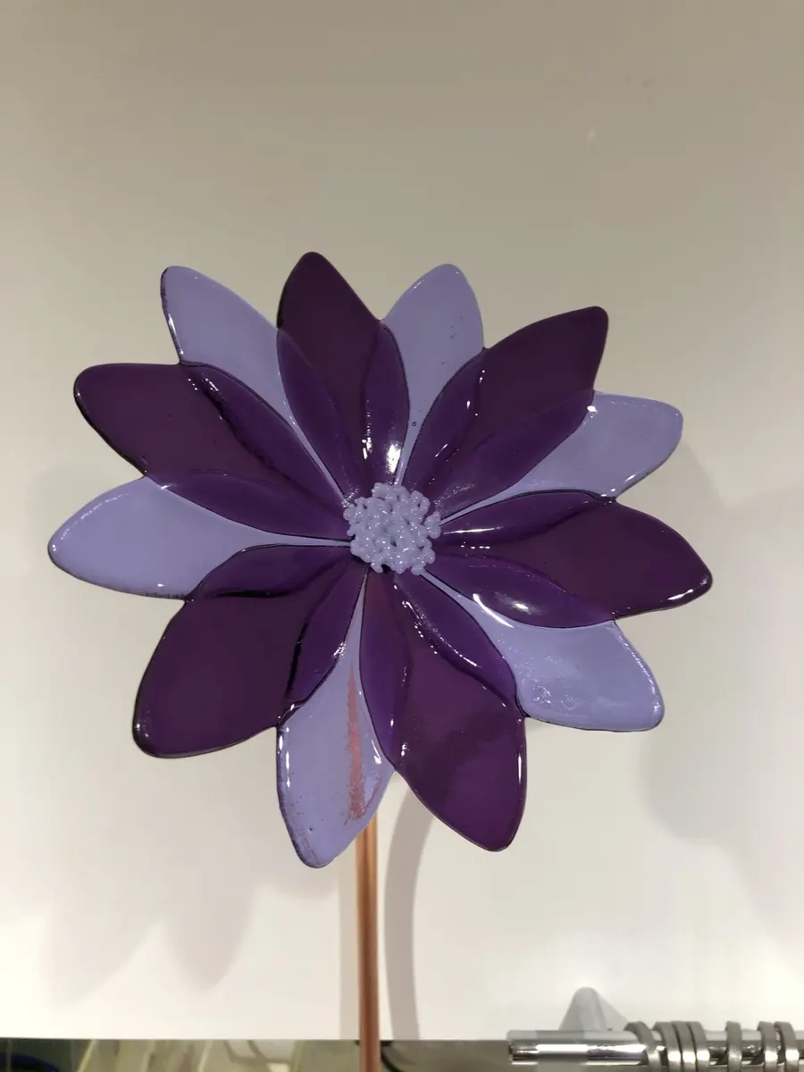 Lavender/violet flower on copper stem. Outdoor garden art. Flower head approx 15cm across. Stem approx 70cm. £50.00.