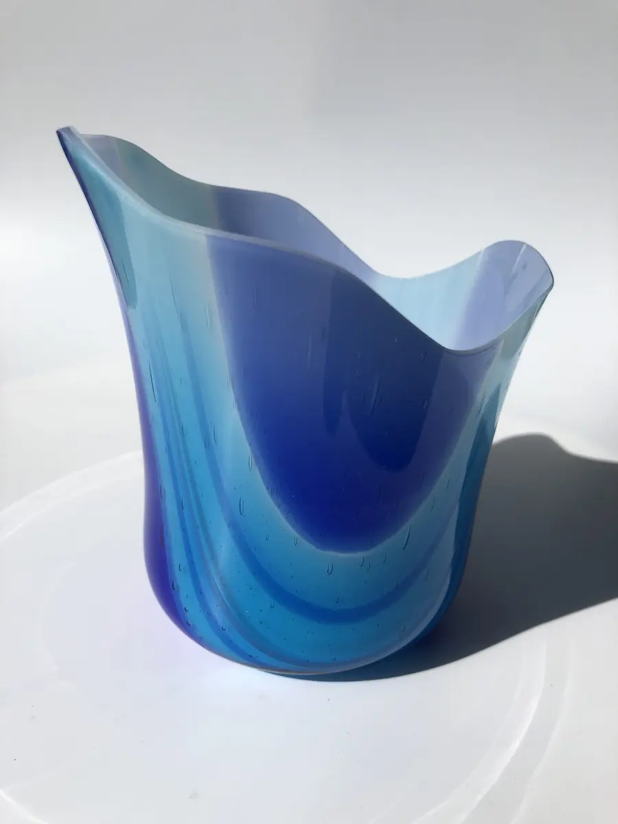 Large blue drop out vase. Approx 8cm diameter at the base by 13cm high. £60.00