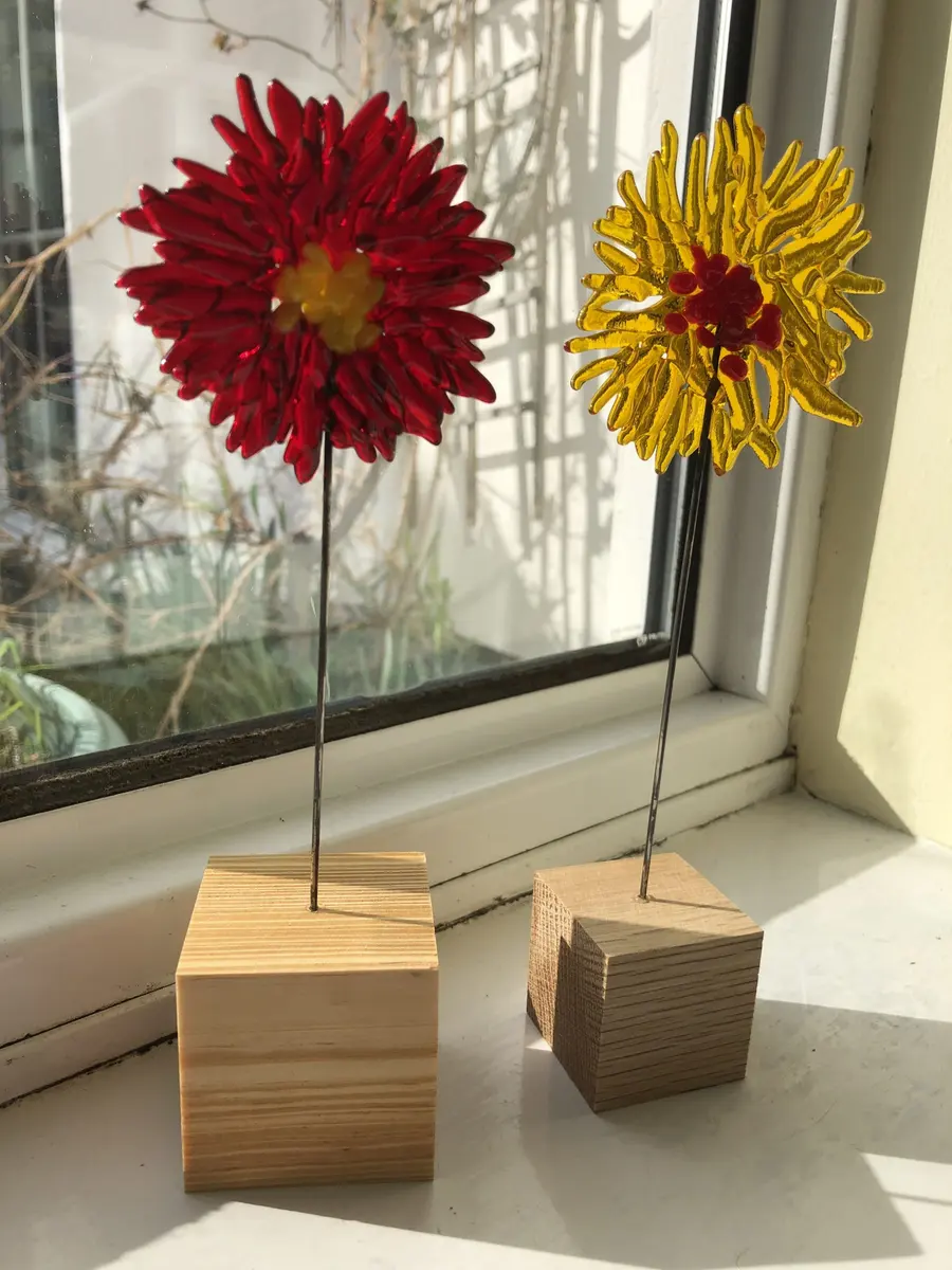 Freestanding flowers in wooden blocks £25 each.