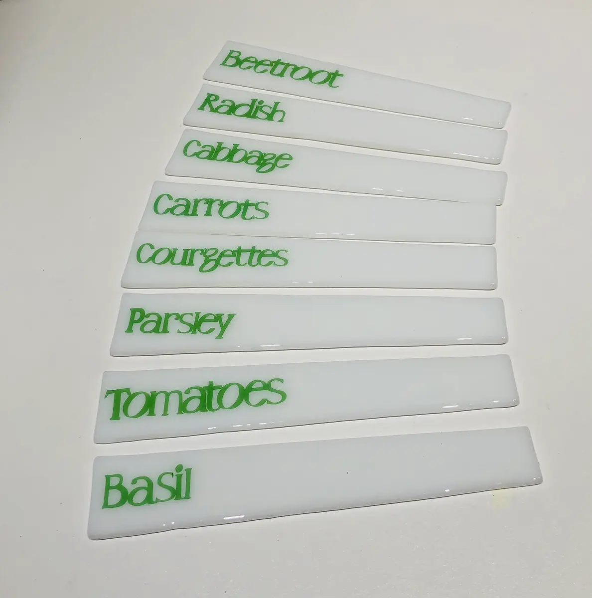 Plant labels approx 15 cm x 3cm at widest part £5 each. Can be customised.