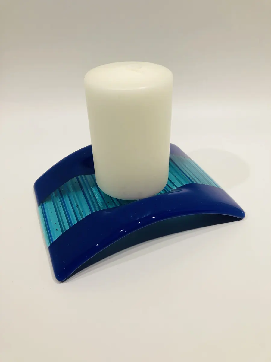 Candle bridge in cobalt blue with aqua blue blue striped middle section. Approx 12cm x 17cm x 3cm. £18.00.
