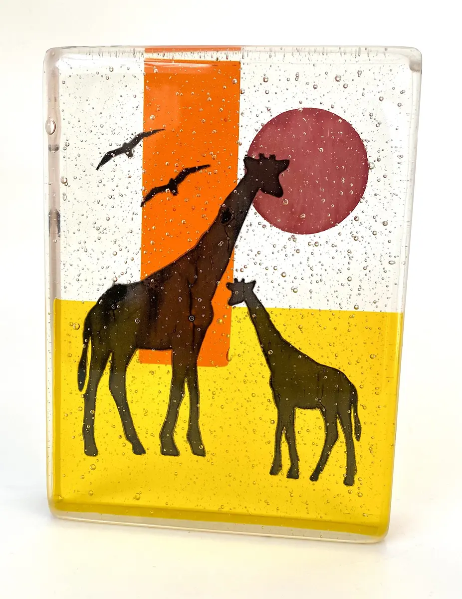 Mother and Baby Giraffe - Out of Africa Series. Printed on glass and formed into a solid block which is free standing. Approx 15.5cm x 11.5cm x 3.5cm. £300.00.