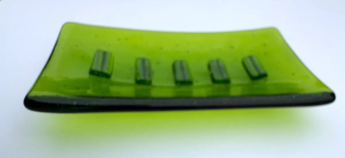 Green fused glass soap dish with raised ridges